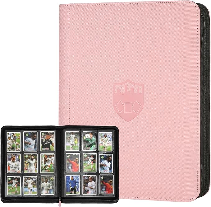 360 Cards Ringless 9-Pocket Side Loading Trading Card Binder, PU Zipper Fixed Page Card Album for TCG Sports Cards, Not Fit Top Loaders (Pink)