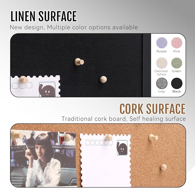 SELEAD Double-Sided Linen and Cork Bulletin Board (36"x24", Black) | 2-in-1 Fabric Linen & Cork Pinboard, White Wood Frame Wall Decor Photo Display Vision Board for Home Family, Office, Business