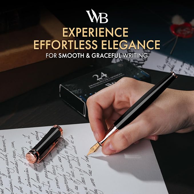 Wordsworth & Black Fountain Pen Set for Writing,Medium Nib, Black Rose Gold | Gift for Men & Women, Brass Body, 18K German Iridium, Calligraphy, Converter + 24 Ink Cartridges, Refillable, Leak-Free