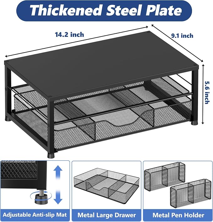 Desk Organizer and Accessories, 2-Tier Computer Monitor Stand Riser with Drawer and 2 Pen Holders, Laptop Stand, Office Desk Accessories for Office Supplies, 2 Pack, Black