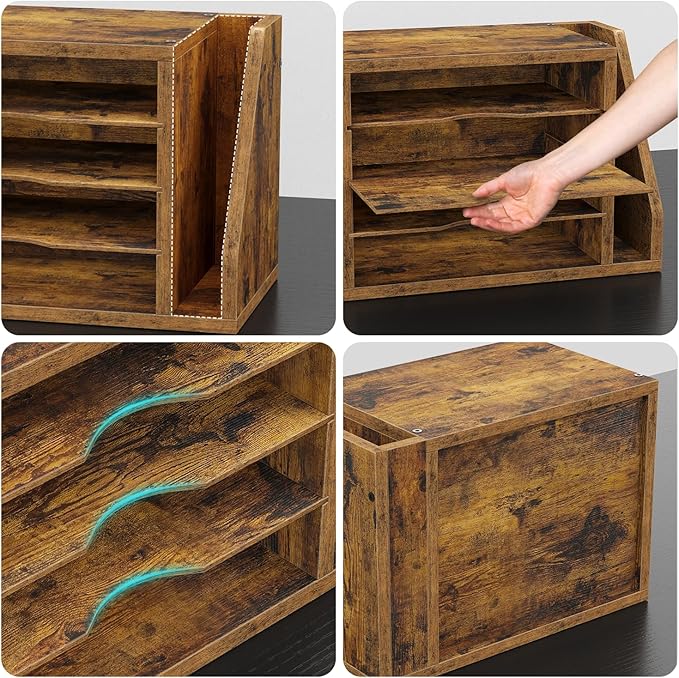 Mail Sorter, File Organizer Desktop, Wood Desk Organizer with 3 Adjustable Shelves, Mail Holder for Office, Home, Letter Sorter File Holders for Envelopes, Supplies Magazines, Rustic Brown
