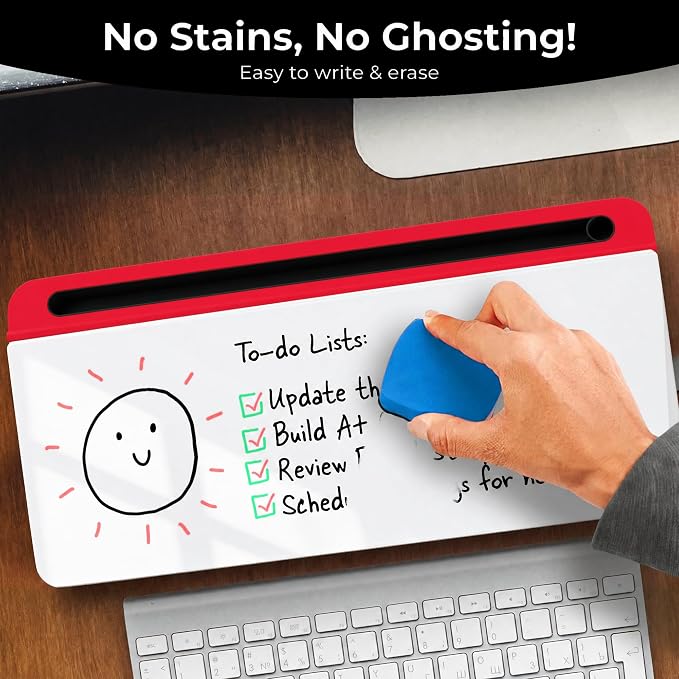 Chalkola Red/White Glass Desktop Whiteboard with Storage, Dry Erase Board | Work Desk Organizers, Computer Keyboard Stand, Home Office Desk Accessories, Workspace Deskboard Buddy, Small White Board