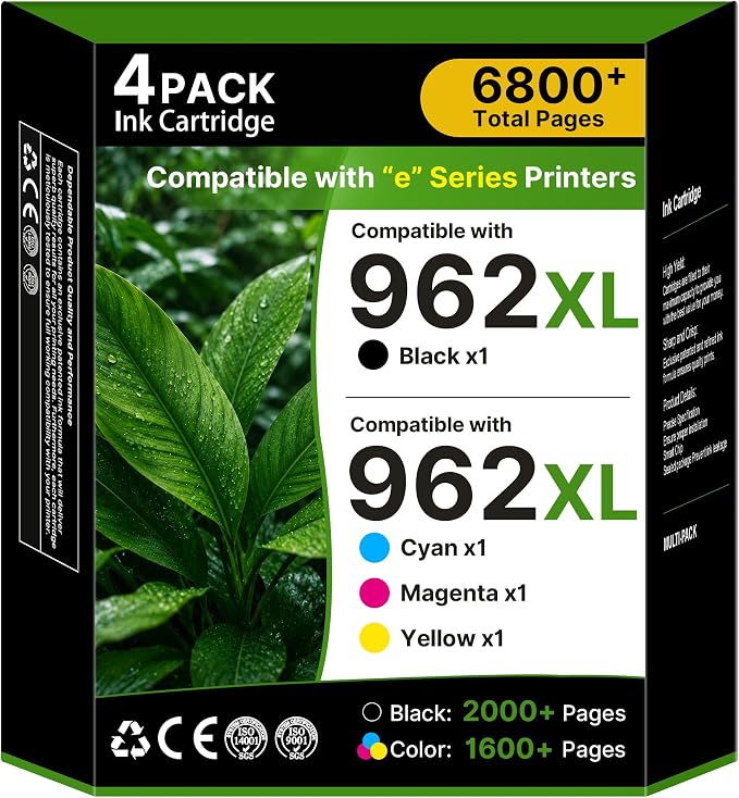 962XL Ink Replacement for HP 962XL Ink Cartridges Combo Pack, 4-Pack | High Yield, for HP Officejet Pro 9015e,9010,9015,9018,9025e,9025,9012 Printers, Black,Cyan,Magenta,Yellow, for HP 962XL