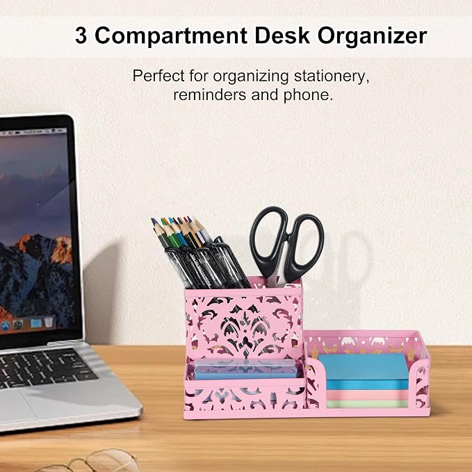 EasyPAG Desk Organizer 3 Compartment Pen Holder for Desk Office Supplies Caddy with Sticky Notes Holder for School Home, Pink