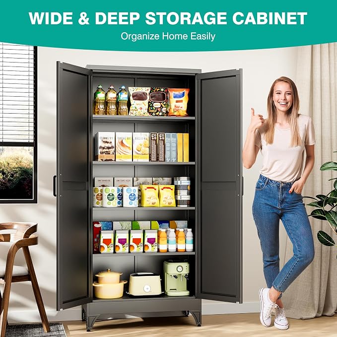 Pantry Storage Cabinets with 2 Doors and 5 Shelves,Tall Storage Cabinet,Large Cupboard Closet,Farmhouse Storage Cabinet for Home,Kitchen,Dining/Living Room (White, 71" H)