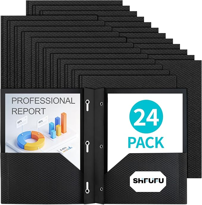 24 Pcs Textured Folders with Pockets and Prongs (Black),Fit Letter Size Paper,Business Card Slot,2-Pocket Folder for School Office or Home,Durable Acid-Free Poly,Back to School Supplies Bulk