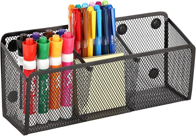 Magnetic Pencil Holder Whiteboard Pen Holder Locker Accessories (3-Slot*1) | Locker Organizer, Desk Organizer, Teacher Supplies, Mesh Basket, Strong Magnets, Black, For Fridge School Office Home
