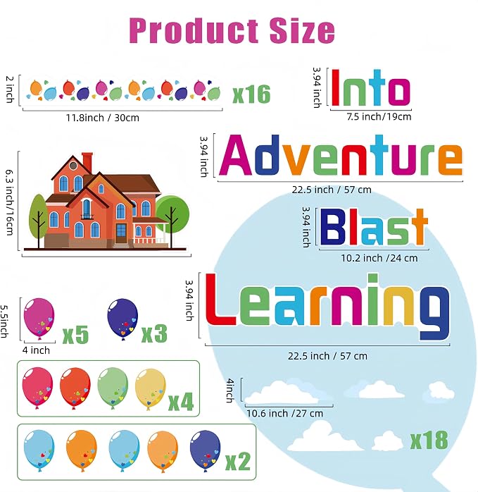 Colorful Balloons Bulletin Board Decorations – Adventure Balloons Mix Balloon Borders & Cutouts – Party Classroom Door Decor for Welcome Bulletin Boards, School Crafts & Home Wall Displays
