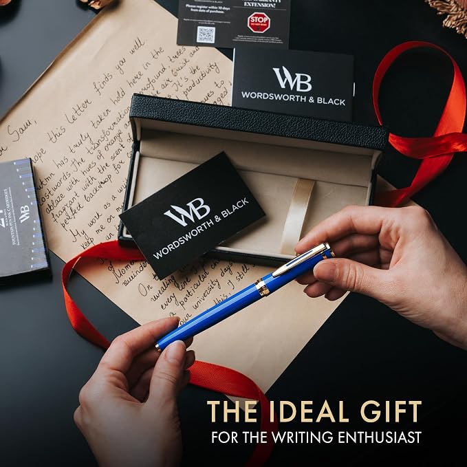 Wordsworth & Black Luxury Fountain Pen Set for Writing, Bent Nib, Blue | Gift for Men & Women, Brass Body, German Iridium, Calligraphy, Converter + 24 Ink Cartridges, Refillable, Leak-Free