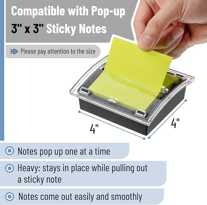 Mr. Pen- Pop Up Note Dispenser, 3" x 3", 4 Pack, Black Base, Clear Top | Sticky Note Dispenser, Sticky Note Holder for Desk