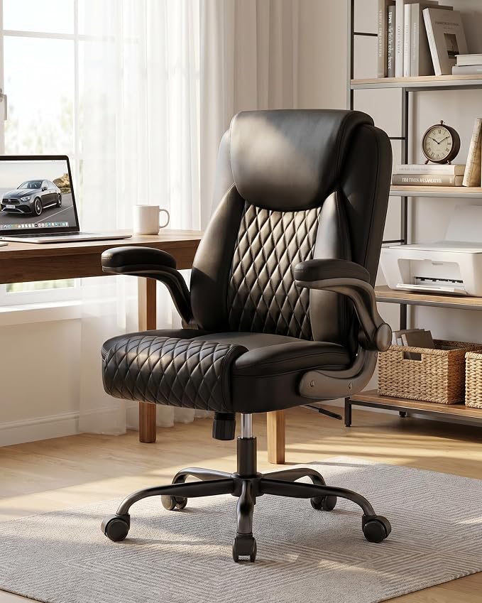 COMHOMA Mid-Back Office Chair, Ergonomic PU Desk Chair with Flip up Arms, Small Computer Gaming with Comfy Lumbar Support,Rocking Function,Sturdy Metal Base, Black