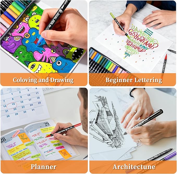 Brush Pens for Adult Coloring Books, 72 Colors Dual Tip Art Markers – Fine Tip for Outlining + Brush Tip for Coloring, Water-Based Non-Bleeding Markers for Journaling, Calligraphy, Hand Lettering