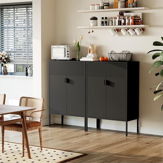 COFaR Black Metal Cabinet with Adjustable Shelves, 47”H Industrial Buffet Sideboard & Coffee Bar Station, Ventilated Steel Storage Cabinet with Magnetic Doors for Kitchen, Office, Living Room