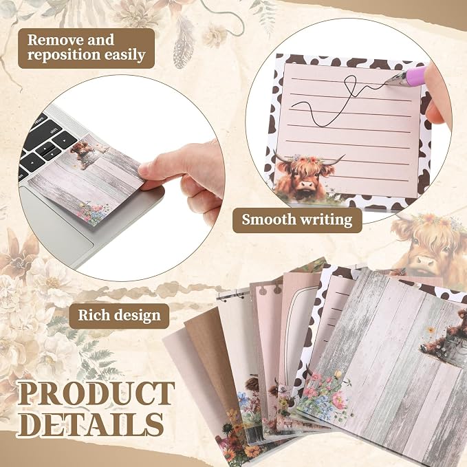 9 Pads Highland Cow Sticky Notes, 3x3 Inch Cute Stick Notepads | Adhesive Memo Notes Pad, Coworker Gifts, Office Supplies Decor, Desk Accessories for Students, Teacher, Meeting