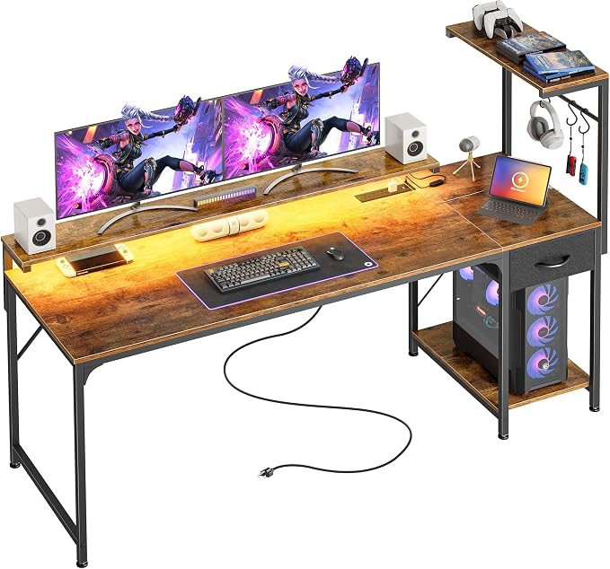 63 Inch Gaming Desk with LED Lights & Power Outlets | Computer Desk with Drawer & Storage Shelves, Office Writing Desk with Monitor Stand for Work from Home, Rustic Brown