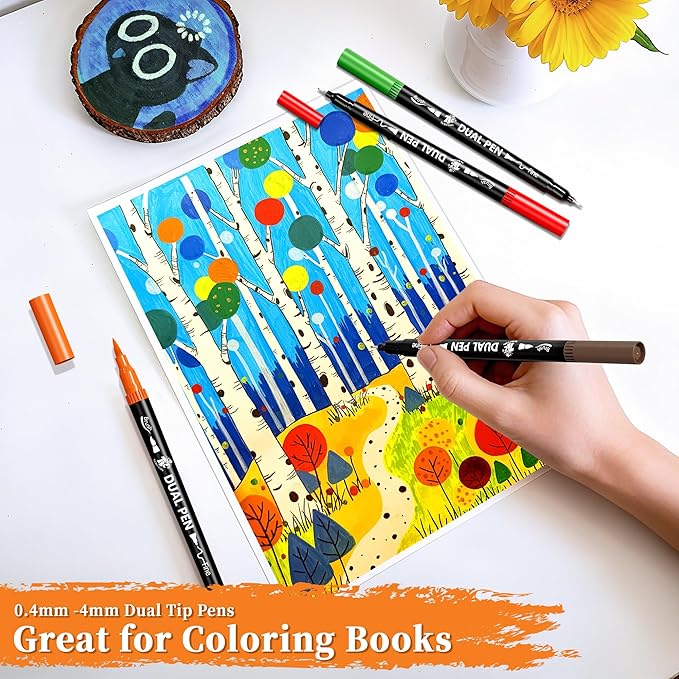 Brush Pens for Adult Coloring Books, 72 Colors Dual Tip Art Markers – Fine Tip for Outlining + Brush Tip for Coloring, Water-Based Non-Bleeding Markers for Journaling, Calligraphy, Hand Lettering