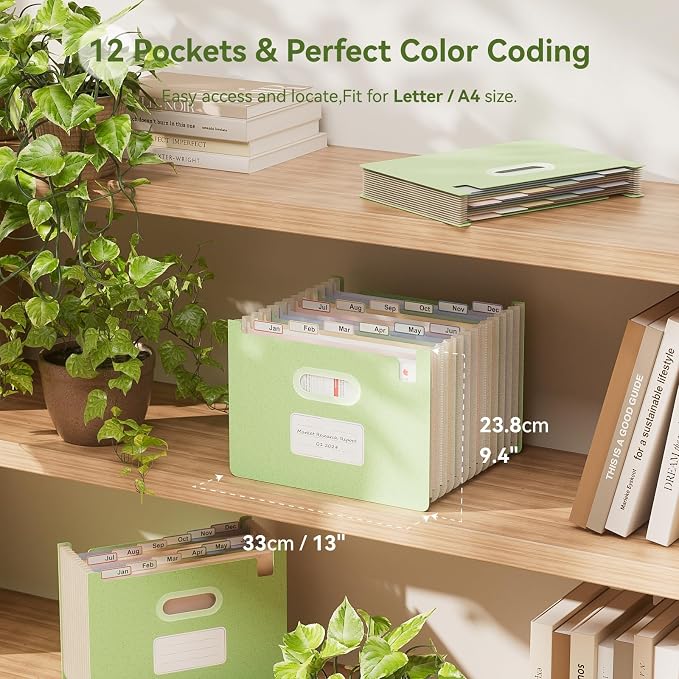 EcoStash 12 Pockets Accordion File Organizer, Upright & Open Top | Wheat Straw, 100% BPA Free, Monthly Bill Receipt Organizer, Letter/A4 Size for School Home Office Hospital - Mint Green
