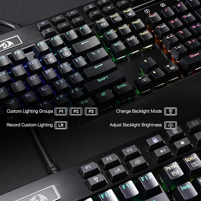 Redragon K550 RGB Gaming Keyboard, 104 Keys + 12 Macro G Keys Wired Mechanical Keyboard w/Aluminum Top Plate, Custom Clicky Purple Switch, Extra USB Port & Wrist Rest