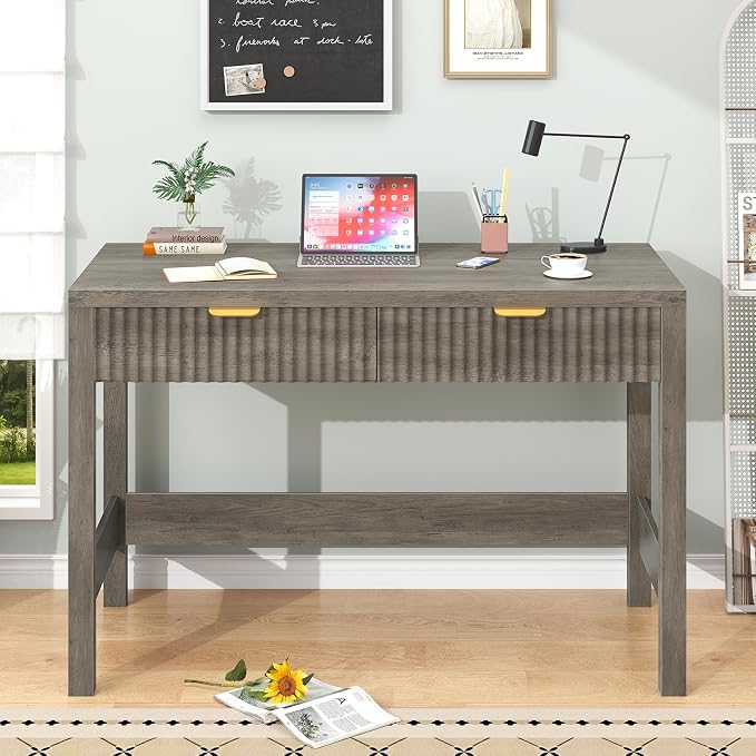 39 Inch Small Fluted Computer Desk with 2 Drawers for Bedroom, Home Office | Small Computer Desk with Storage, Compact Writing Study Desk for Small Spaces, Grey