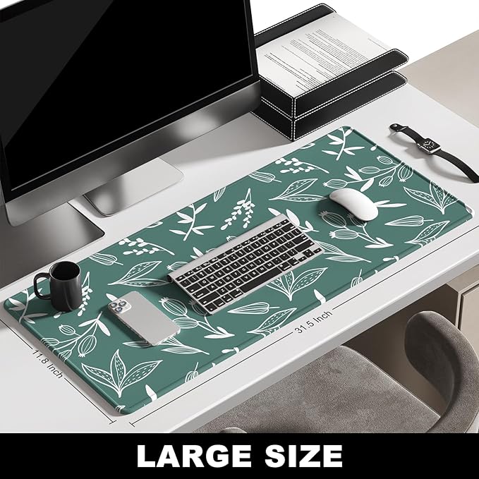 BOSOBO Large Desk Pad, XXL XL Extended Gaming Pad, Desktop Full Cover 31.5 x 11.8 Inches, Minimalist Green Flowers
