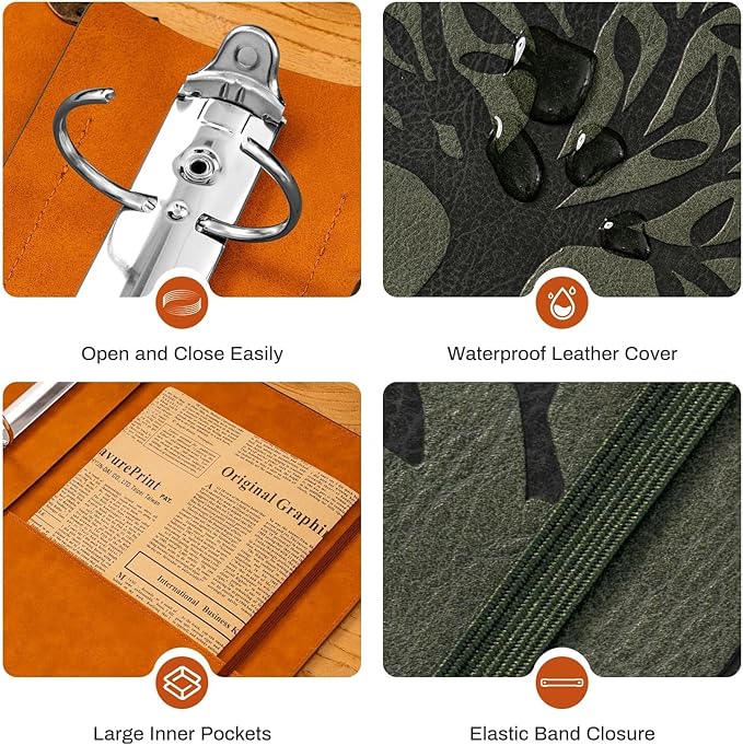 PU Leather 3 Ring Binder Fits 8.5"x11" Letter Size Paper, 1.5 Inch Round Ring Binder Holds 350 Sheets, Notepad Paper Cover Loose Leaf Organizer, Green Tree