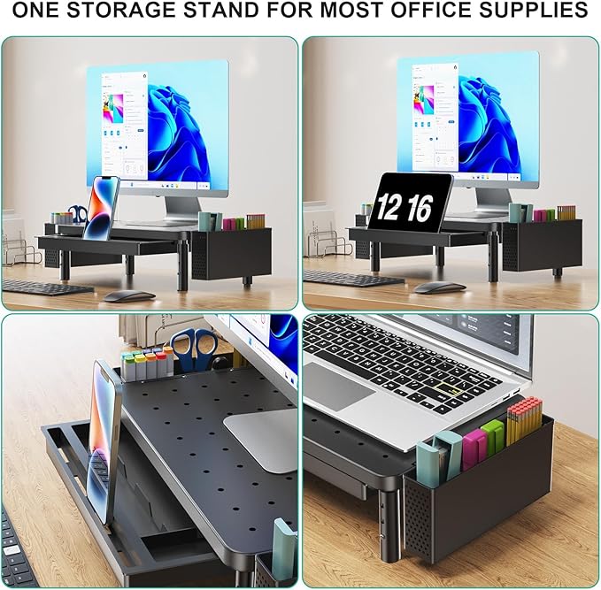 WALI Computer Monitor Stand with Storage and Pen Holder | 3 Height Adjustable Desk Organizer with Drawer, Laptop Monitor Riser for Computer, Laptop, Printer(PTT003-B), 1 Pack, Black