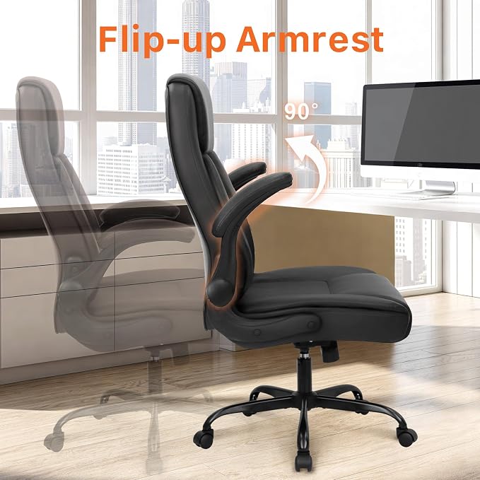NEO CHAIR Office Desk Chair, High Back PU Leather with Flip-up Arms, Black | Ergonomic Tall Computer Desk Chair Comfy, Height Adjustable, Swivel Rolling Wheels for Office Home Gaming Study