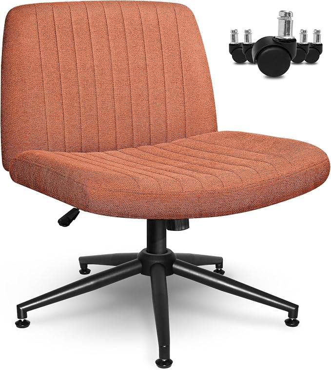 NEO CHAIR Criss Cross Chair with Wheels Armless Cross Legged Office Desk Wide Comfy Vanity Makeup Chair Adjustable Swivel Rolling Computer for Home Office Fabric (Brown) | Cross-Legged Friendly Design, Dual Base with Wheels or Pads, 360° Swivel & Heigh...