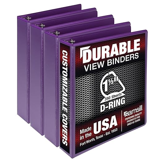 Samsill Durable 1.5 inch 3 Ring Binder, D Ring Binder, 100% Recycled Chipboard, Purple, 4 Pack