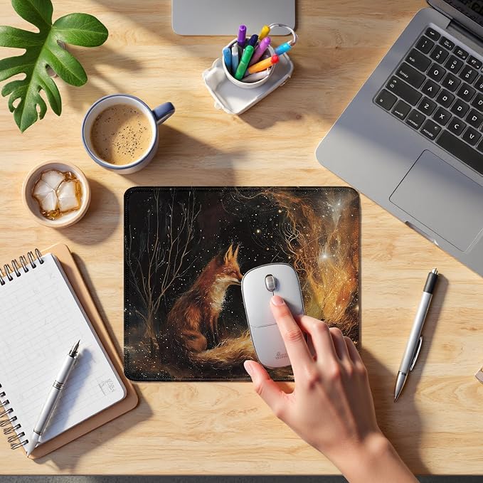Vintage Fox Campfire Mouse Pad, Fox Lover Gifts, Mystical Enchanted Forest Wild Animal Mouse Pads for Desk Home Office Dorm Computers Laptop, Camping Nature Desk Accessories, 9.5x7.9 Inch