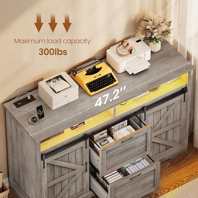 SEDETA 47.2" File Cabinet, 2 Drawers Filing Cabinets for Home Office fit Legal/Letter/A4 File, Farmhouse File Cabinet with Barn Door & Power Outlets, Printer Stand with Storage & LED Lights, Grey