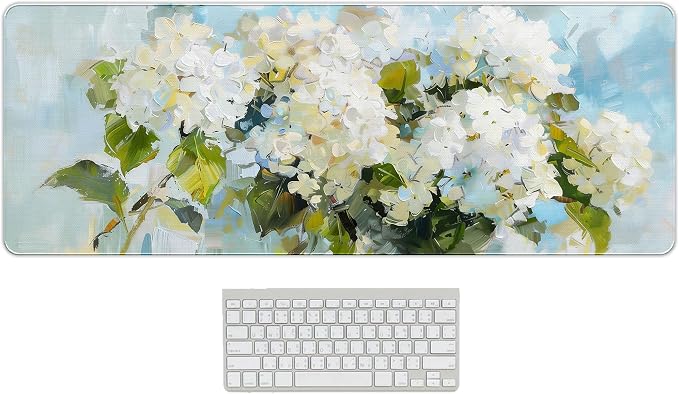 Hydrangea Decor Desk Mat, Blue White Flroal Mouse Pad, 31.5x11.8 | Flower Mouse Pad For Desktop,Blue And White Desk Matt Aesthetic, Girly Office Accessories For Women,Flower Desk Mat