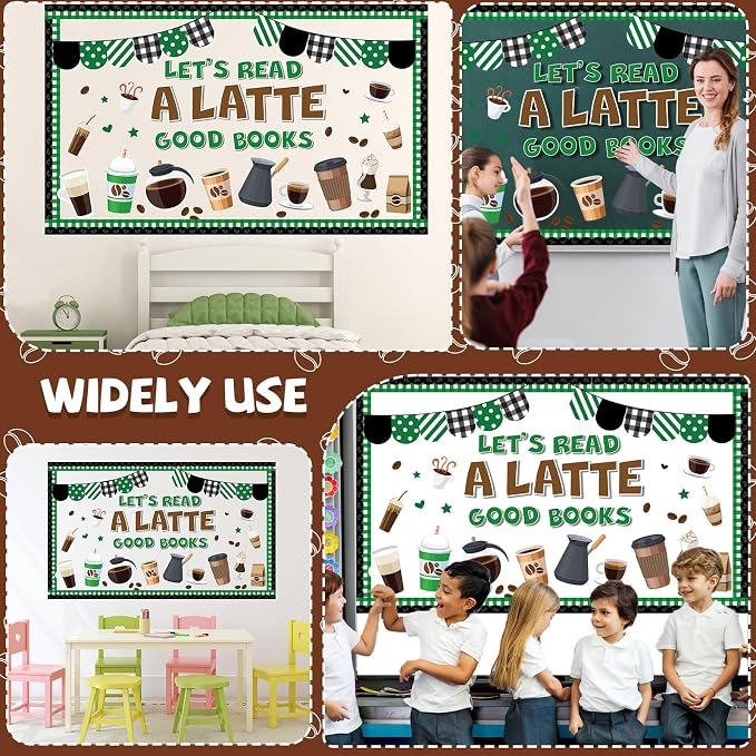 Coffee Bulletin Board Set Coffee Cup Classroom Decoration Latte Paper Cutouts Green Coffeehouse Crafts Teacher's Helper Charts for Back to School Nursery Chalkboard Reading Decor Wall Door