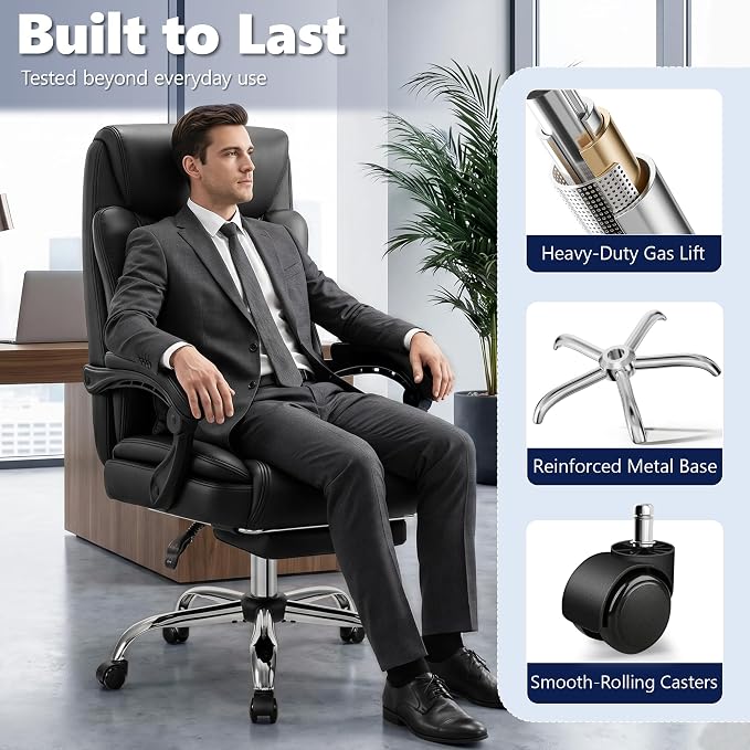 Ergonomic Office Chair Executive PU Leather High Back, 400lbs Heavy Duty Reclining Desk Chair with Footrest, Adjustable Lumbar Support, Padded Armrests, Wide Seat, Black