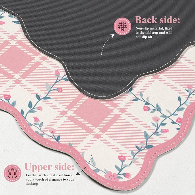 iCasso Light Pink Scalloped Writing Pad, 35.4"x15.7" Table Mat for Desk | Retro Non-Slip Base Scalloped Mousepad for Classroom, Floral Desk Pad Stitched Edges for Gaming Office Study Space