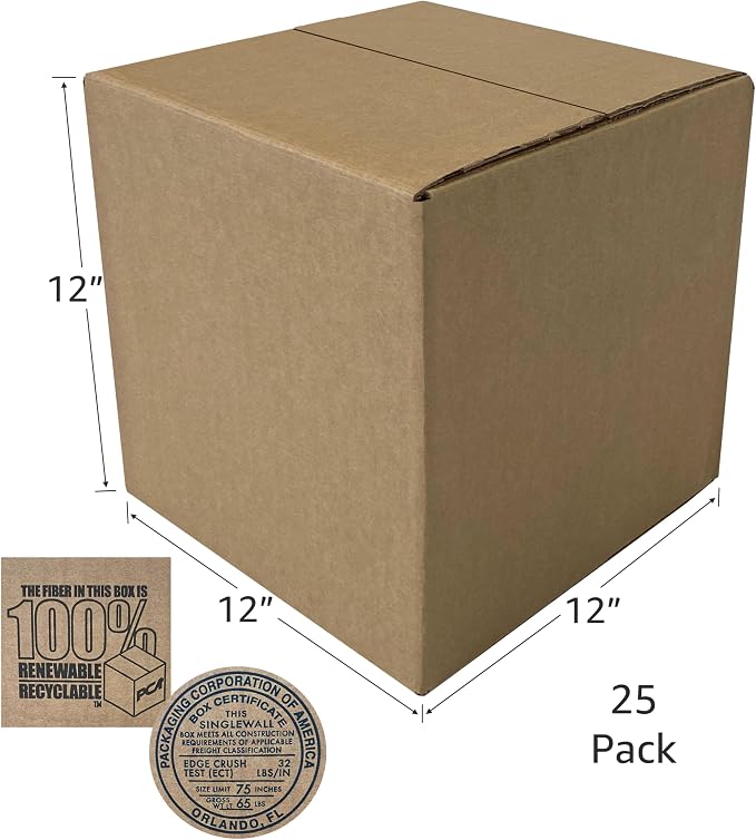 Corrugated Medium Mail Shipping Boxes, 12 x 12 x 12 in | 25 Pack