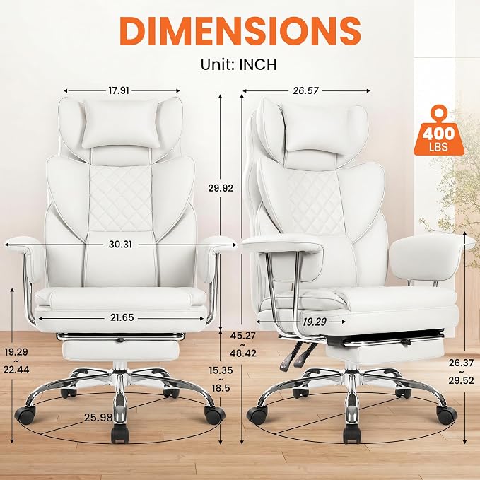 NEO CHAIR Big & Tall Leather Office Chair, High Back, Lumbar Support, White | Gaming Chair for Adults and Computer Use, Reclining Office Chair with Foot Rest, Massage, Comfy Design and Heavy Duty Support
