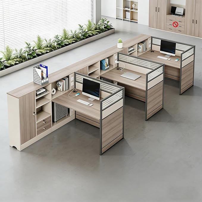 Modern Office Workstation Desk with Side Storage Cabinet, Tempered Glass Privacy Panels, USB Charging Hub & Cable Management, Modular Cubicle Desk for Office Work (A - Left, 3P)