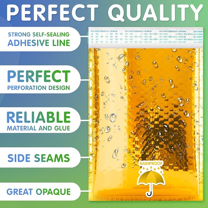 Glamour Metallic Bubble Mailers 8.5 x 11 Inches Gold, 300 Pack Padded Envelopes for Shipping, Mailing, Packaging Protection