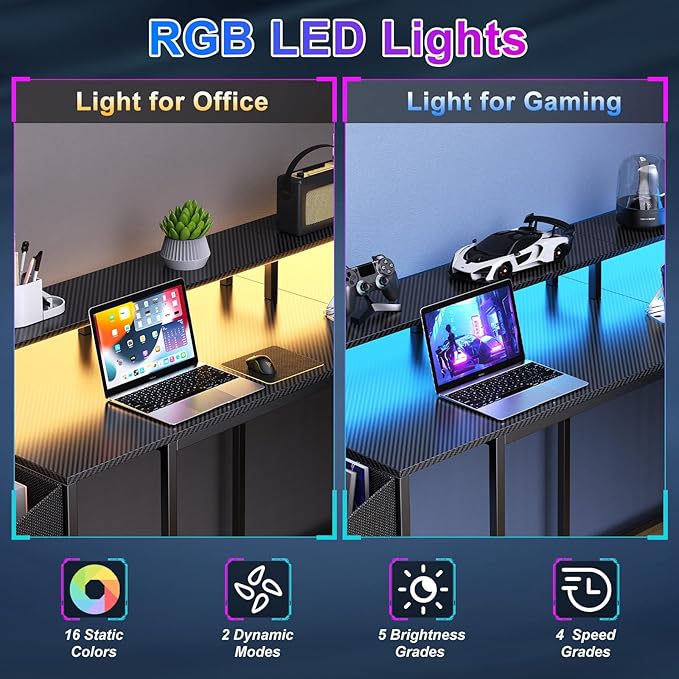 L Shaped Gaming Desk with Power Outlets & LED Lights, 53 inch Corner Computer Desk with Monitor Stand and Storage Bag, Home Office Desk Table for Bedroom, Dual Workstation, Carbon Fiber Black