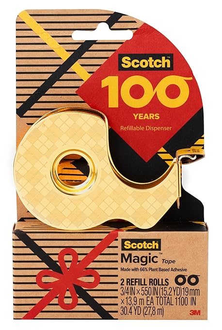 Scotch 100-Year Anniversary Limited Edition Gold Tape Dispenser with 2 Magic Tape Refills (3/4 in x 550 in Roll, 66% Plant-Based Adhesive), Refillable, Single Pack