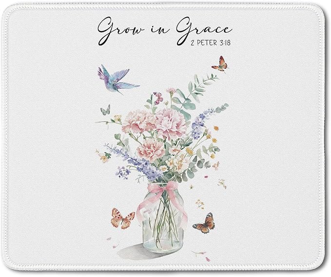 Christian Bible Religious Flower, Grow in Grace Bible Christian Mouse Pads Mousepad for Desk Office Computers Laptop,Religious Office Supplies Desk Accessories, 9.5x7.9 Inch