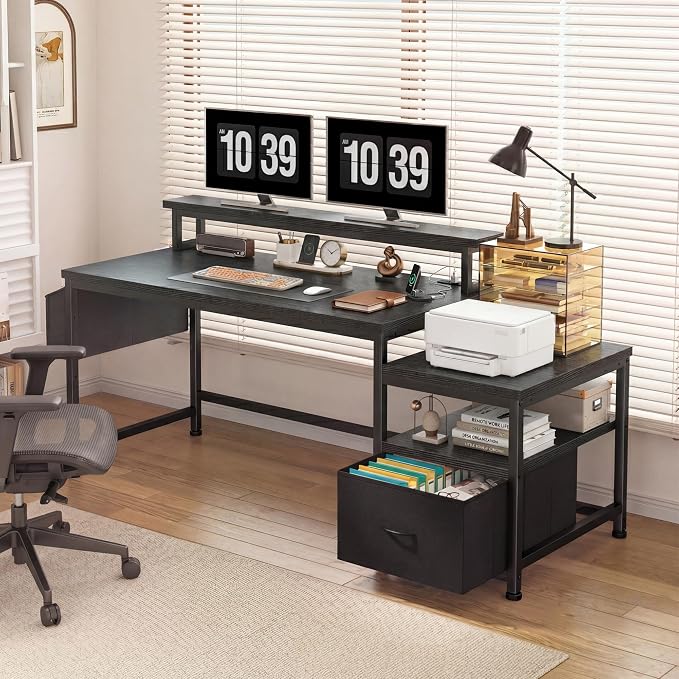 EnHomee 56.5" Office Desk with Drawers & Printer Space for Home Work,Black | Computer Desk with 3 AC Outlets& 2 USB Ports,40"*7" Long Monitor Stand,Side Pockets with Storage Space,Home Office,Bedroom