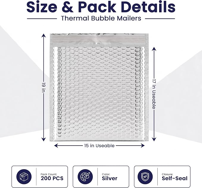Waterproof Self-Seal Insulated Foil Thermal Bubble Mailers 15x17, 200-Pack | Ideal for meal kits, frozen goods & bulk perishables. Tear-resistant metallic lining protects temperature-sensitive items.