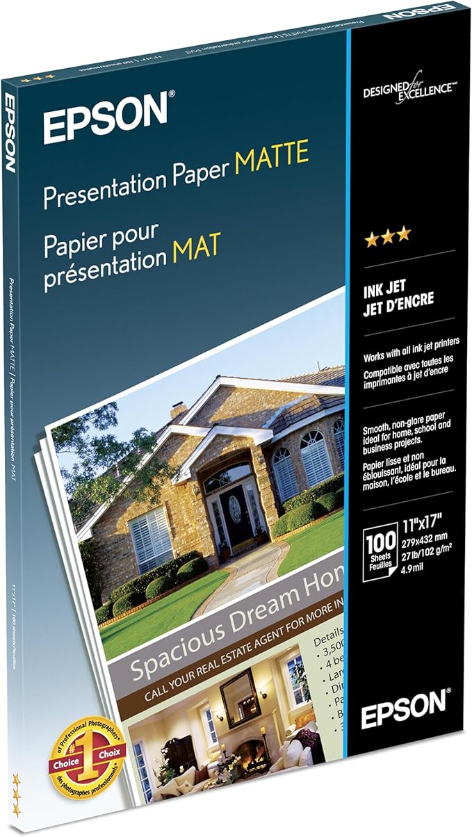 Epson Presentation Paper MATTE (11x17 Inches, 100 Sheets) (S041070),White