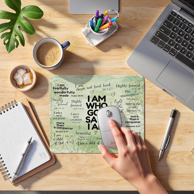 Inspirational Christian God Says I Am Mouse Pad, Green Floral Bible Verse Affirmation Mouse Pads Mousepad for Home Office Dorm Computers Laptop Supplies Desk Accessories, 9.5x7.9 Inch