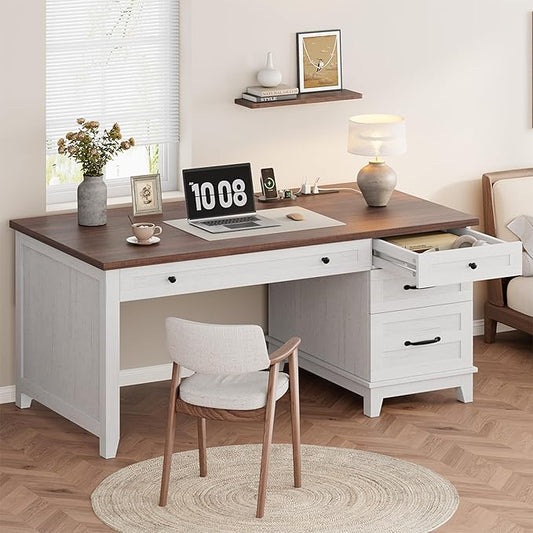 Garvee 53.5" Wooden Home Office Desk with File Drawers, Executive Desk with Power Outlet, Farmhouse Wood Desk with Storage, Distressed Study and Work Table, Rustic White