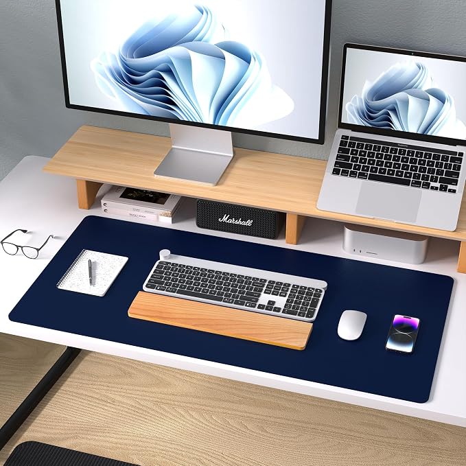Aothia Leather Desk Pad Protector, Mouse Pad,Office Desk Mat, Non-Slip PU Leather Desk Blotter, Laptop Desk Pad, Waterproof Desk Writing Pad for Office and Home (Dark Blue,36" x 17") (Pack of 2)