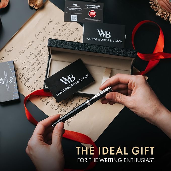 Wordsworth & Black Luxury Fountain Pen Set for Writing, Broad Nib, Black | Gift for Men & Women, Brass Body, German Iridium, Calligraphy, Converter + 24 Ink Cartridges, Refillable, Leak-Free