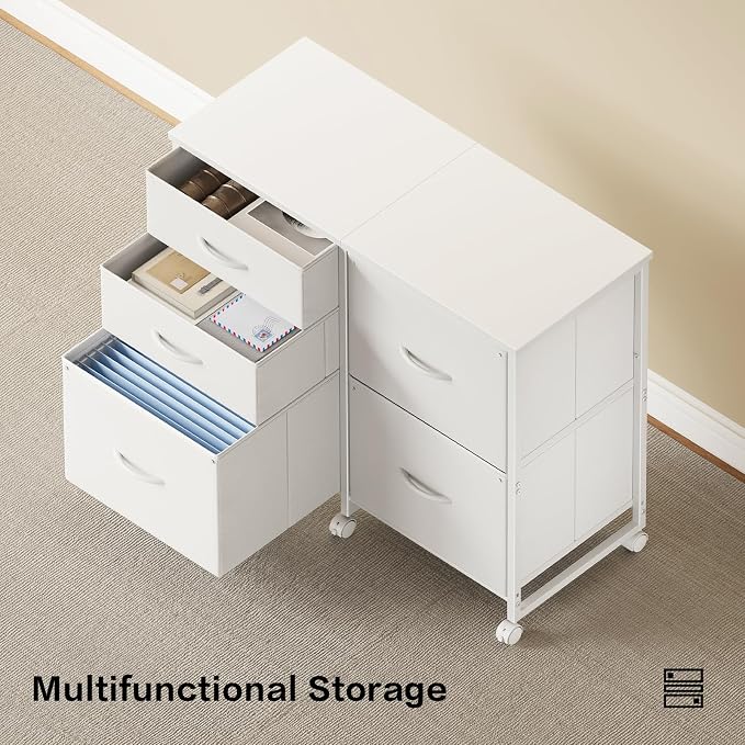 YeTom Lateral File Cabinet with 5 Drawers Rolling Filing Cabinets Under Desk Storage Printer Stand with Wheels,Mobile File Cabinet for Home Office,White